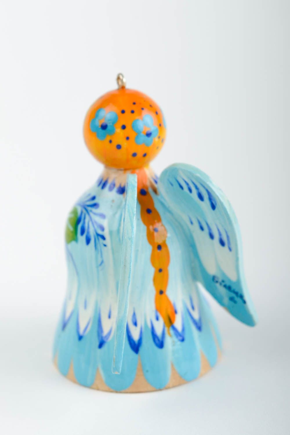 Елочное украшение ручной работы колокольчик подарок сувенир из дерева голубой фото 5