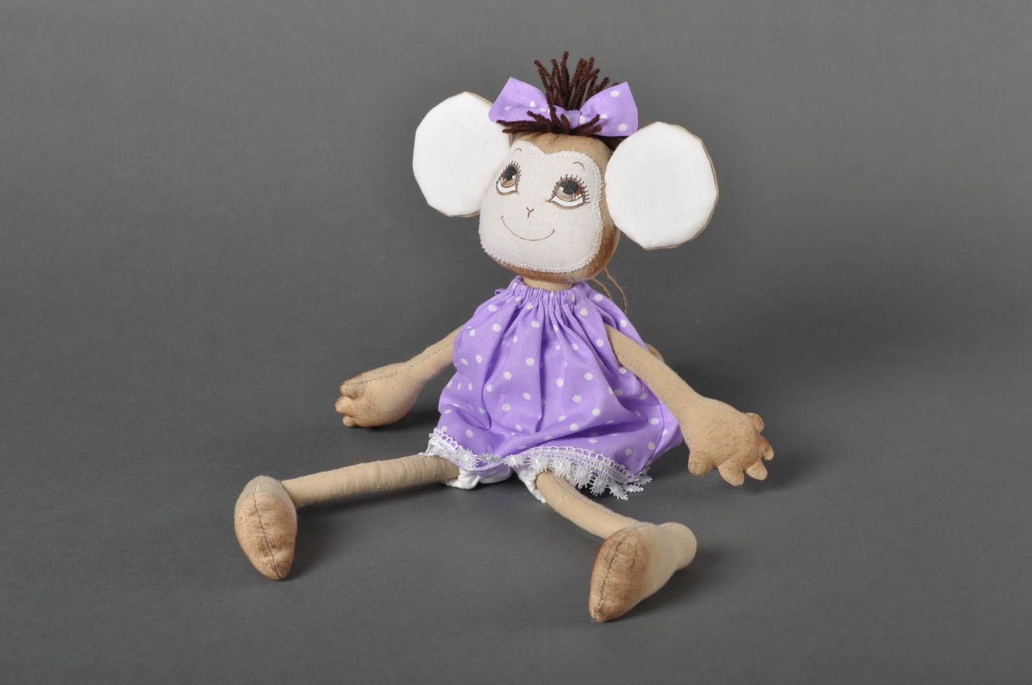 Jouet singe en robe mauve Peluche faite main textile Cadeau pour fille photo 1