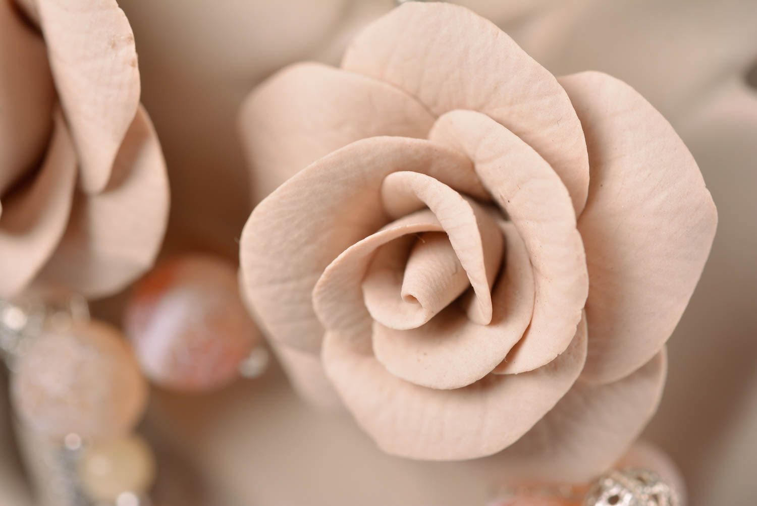 Handmade designer tender polymer clay rose flower earrings with metal charms photo 2