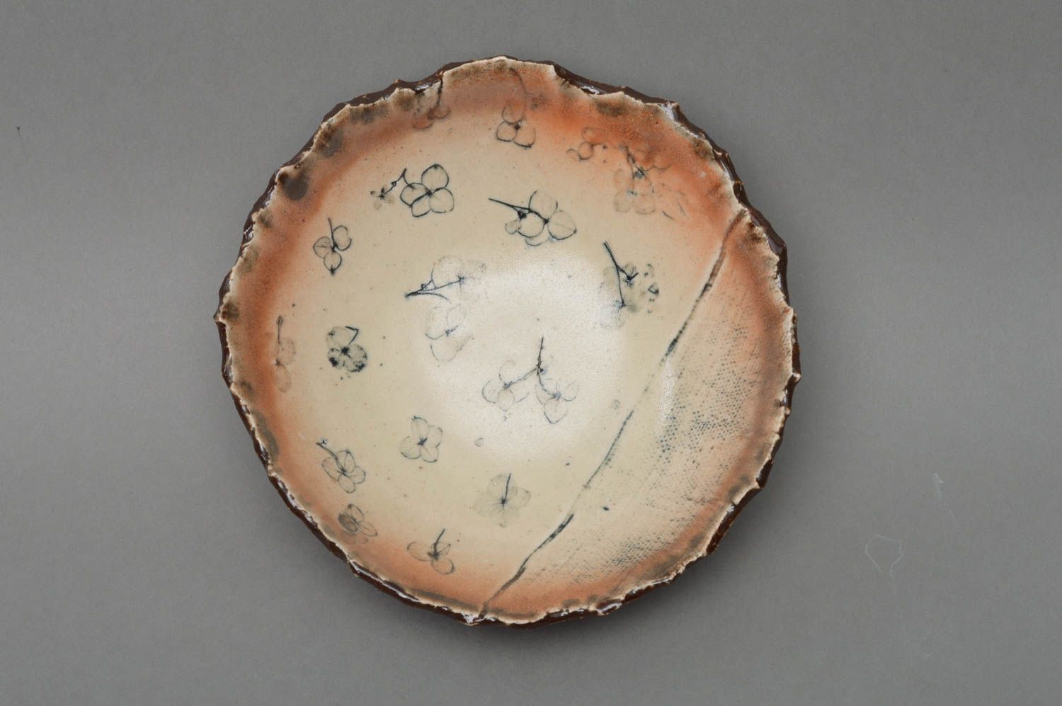 Beautiful cute unusual handmade round bowl covered with glaze Hydrangea photo 1