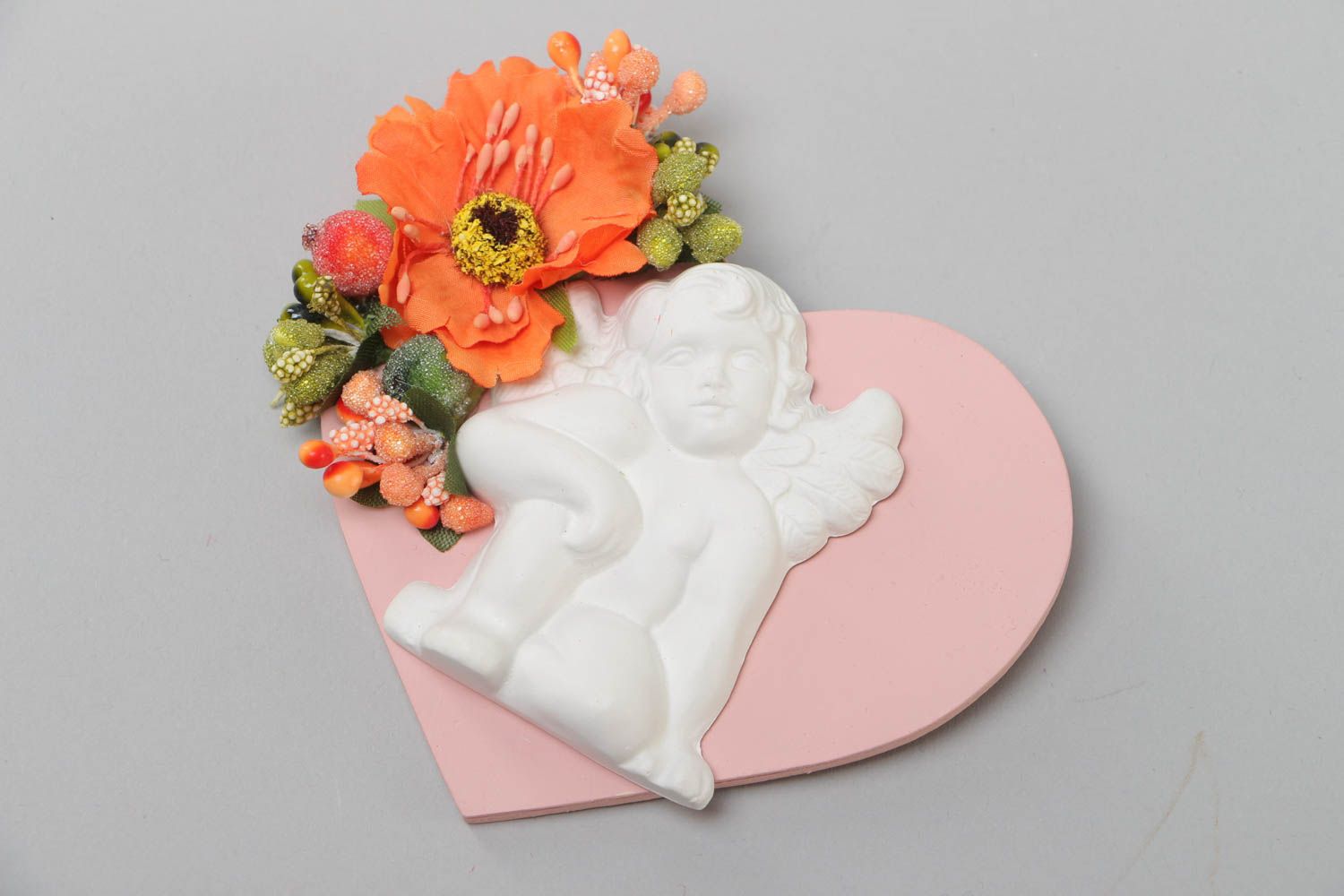 Handmade plywood fridge magnet made of gypsum in the form of heart with angel photo 2