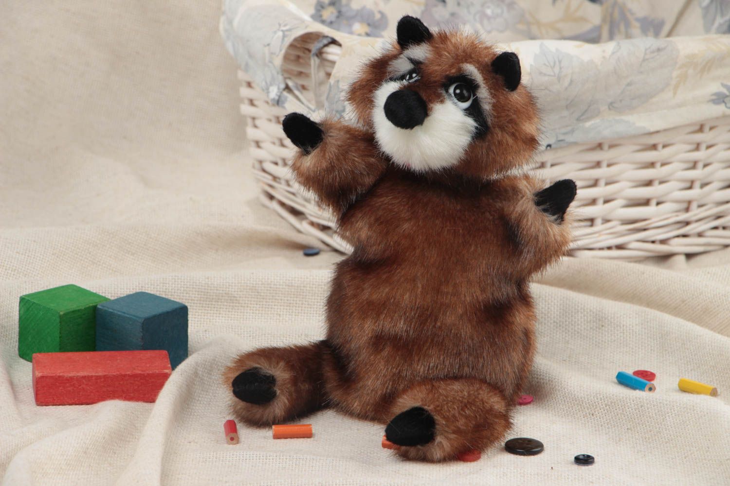 Handmade soft glove toy sewn of faux fur Raccoon for home puppet theater  photo 1