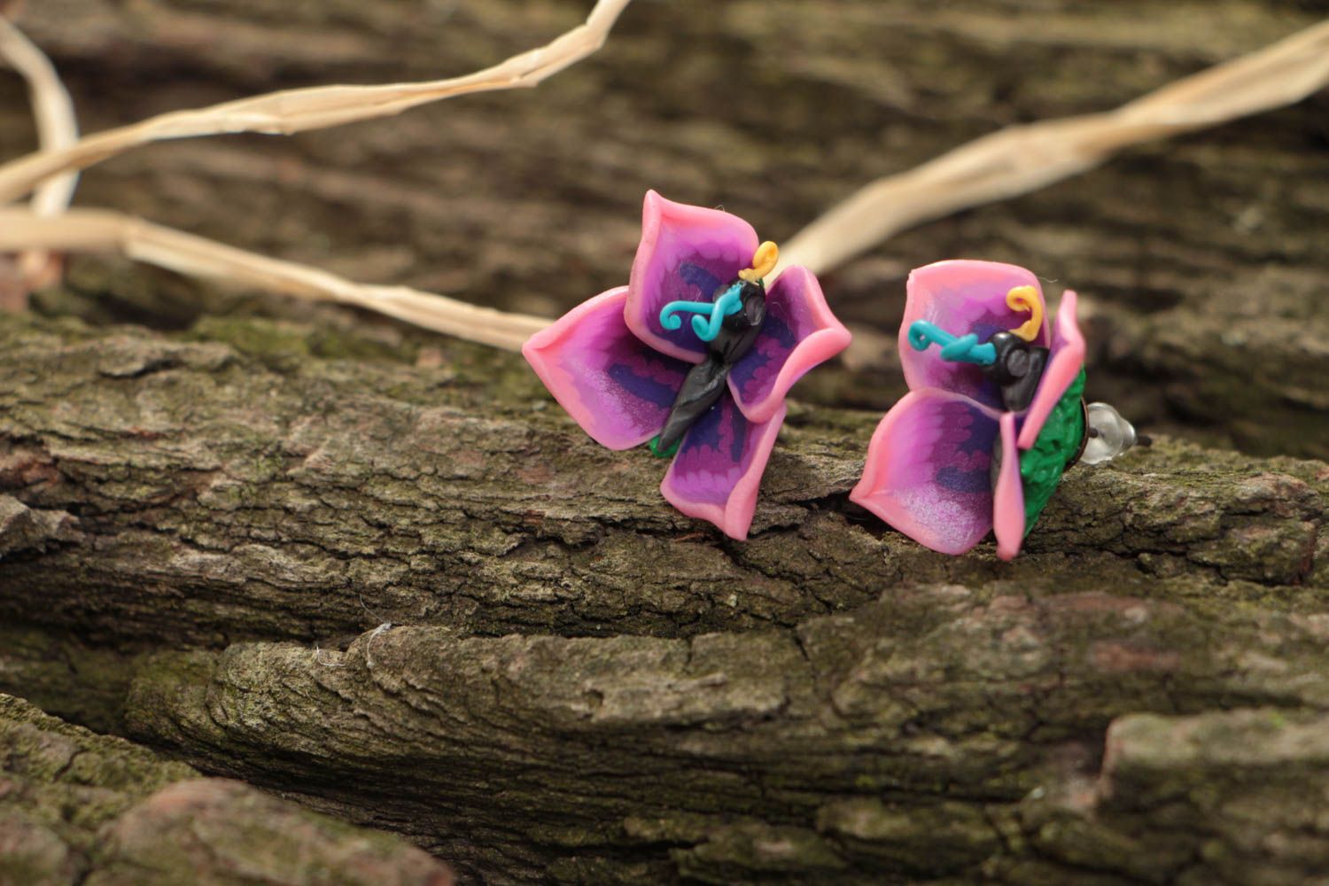 Bright stud earrings made of polymer clay Flowers handmade designer jewelry photo 1