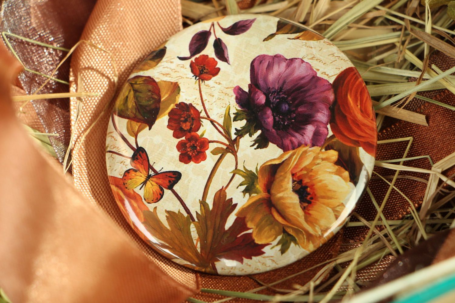 Miroir de poche fait main original rond accessoire pour femme avec fleurs photo 4