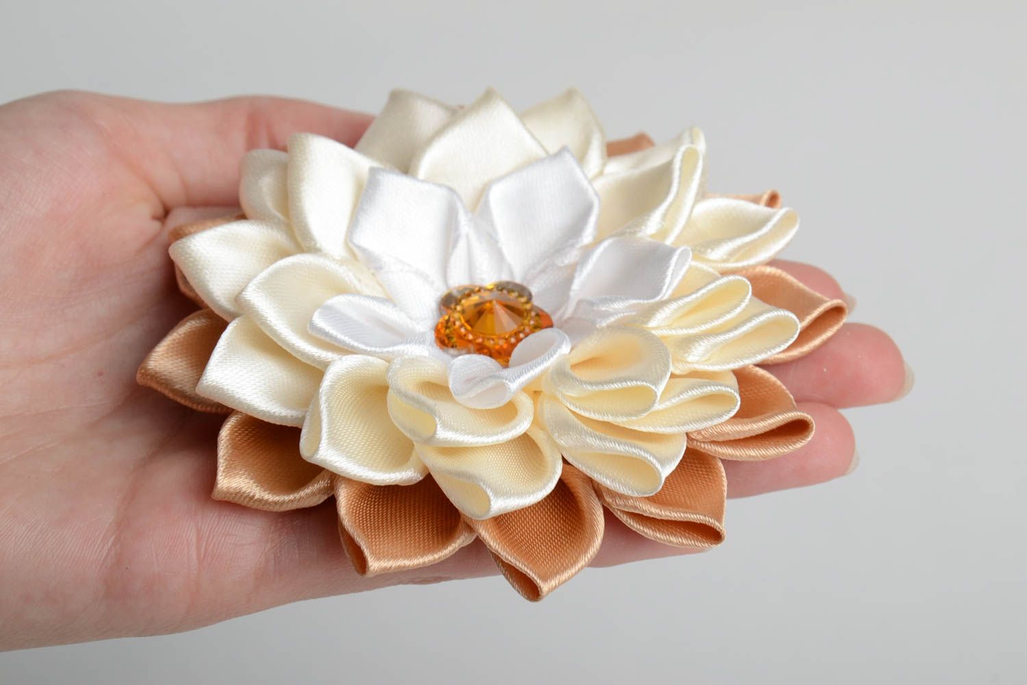 Cream colored handmade designer satin ribbon flower craft blank DIY hair clip photo 5