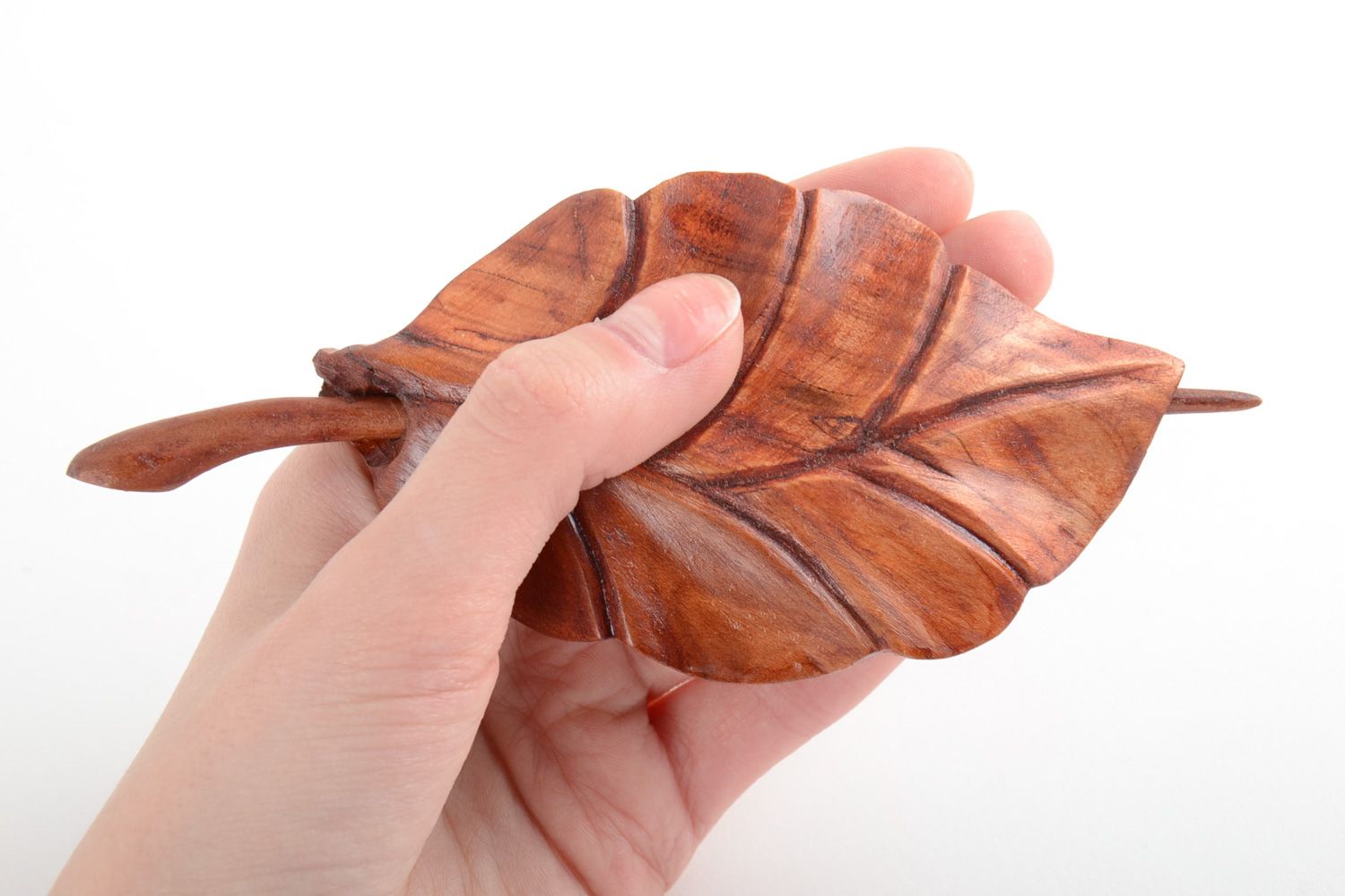 Jewelry and hair accessories Handmade carved wooden hair clip in the shape of leaf coated with eco varnish photo 5