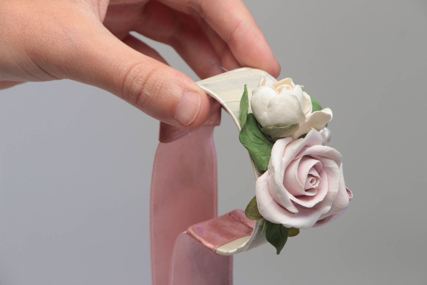 Pink rose flower wedding bracelet with satin ribbons photo 6