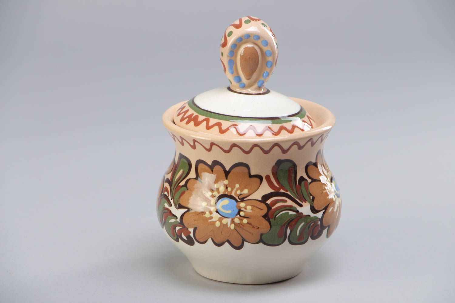 Handmade ceramic sugar bowl painted with colorful glaze with lid for 300 ml photo 2