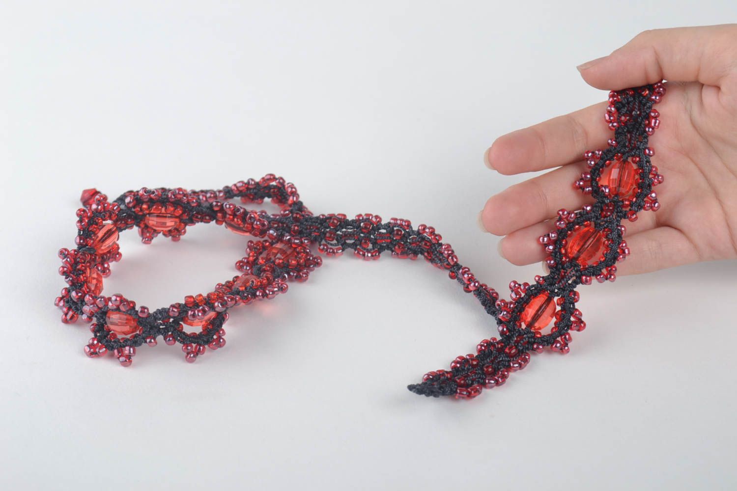 Parure collier bracelet Bijoux faits main tressés noir rouge Cadeau femme photo 5