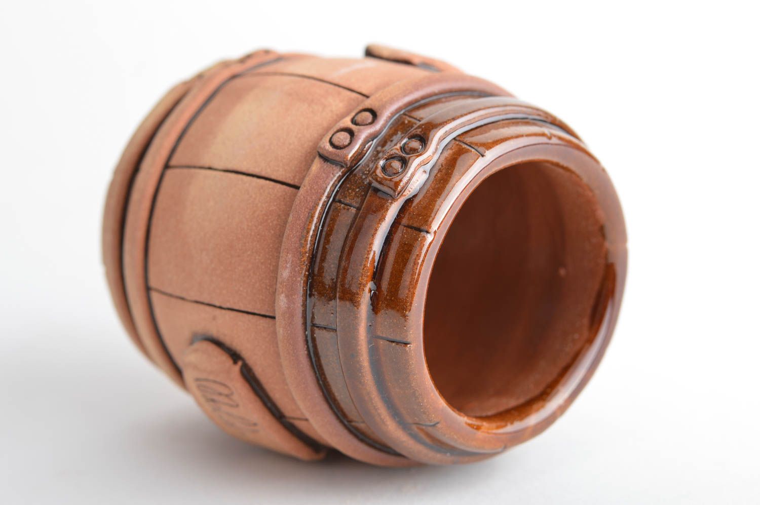 Vaso de arcilla original hecho a mano con forma de barril ecológico 75 ml foto 5