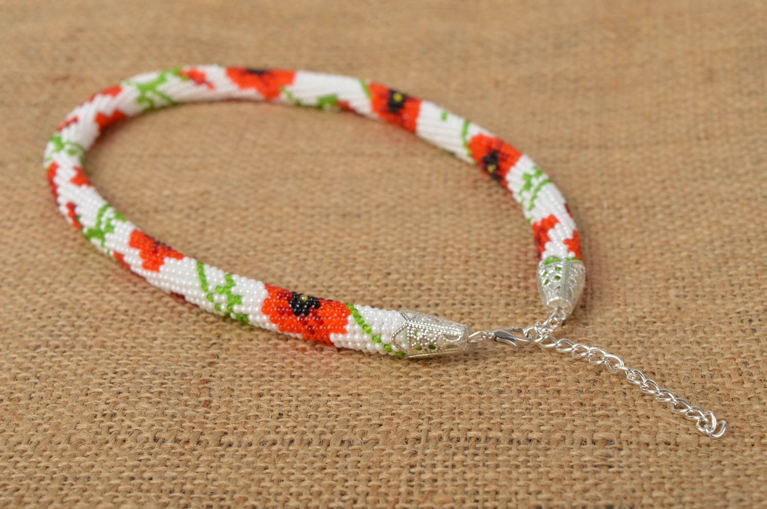 Handmade necklace seed beaded poppies cord unique jewelry present for woman photo 1