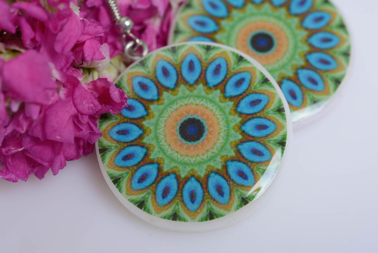 Polymer clay handmade earrings decorated with decoupage blue and green jewelry photo 2