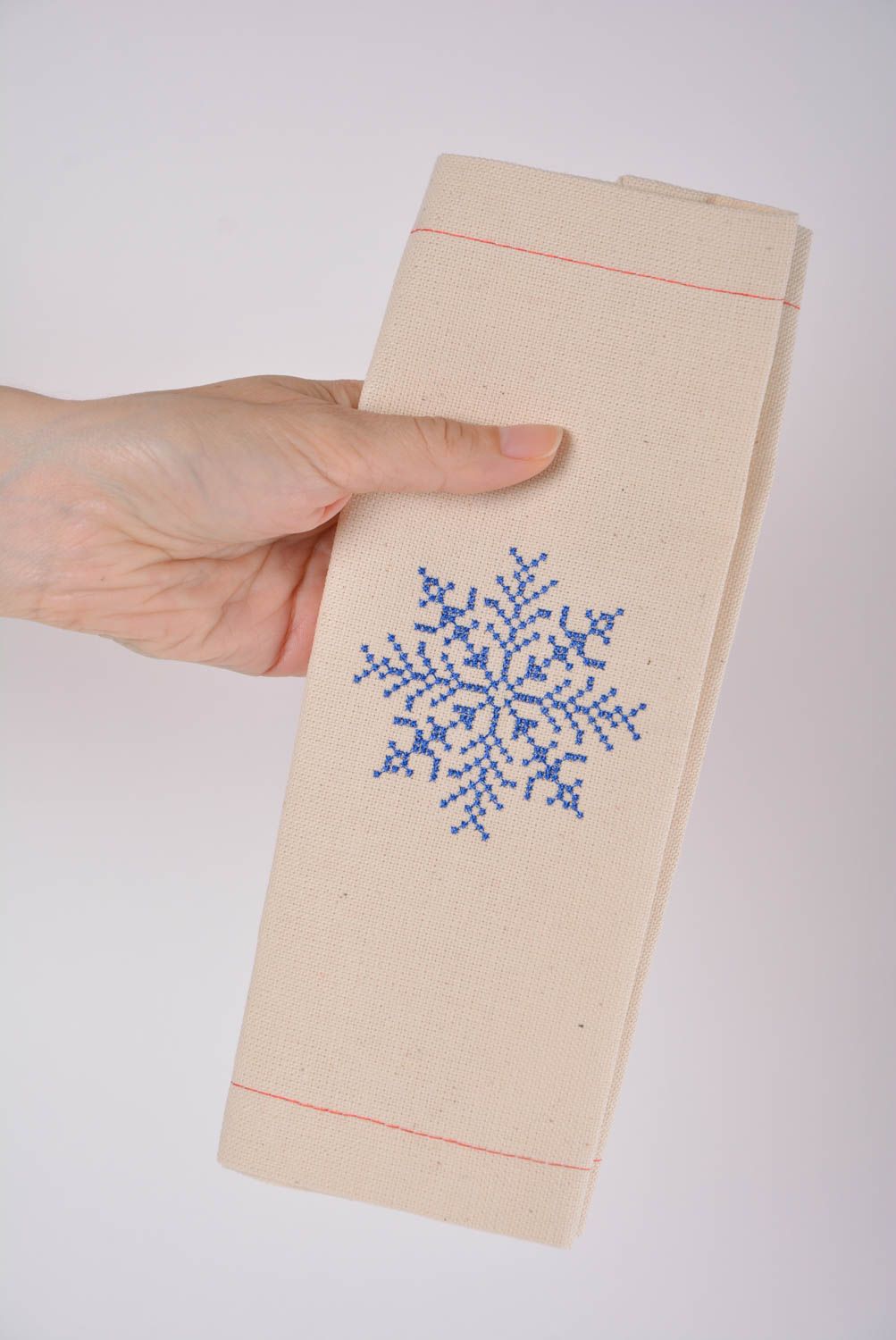 Handmade embroidered napkin made of semi linen for table layout Snowflake photo 3