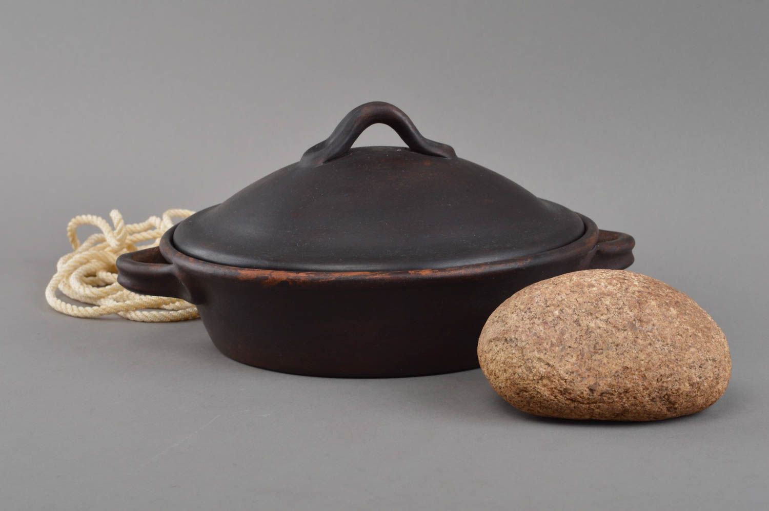 Handmade cookware red clay pottery frying pan with lid best gift ideas for women photo 1