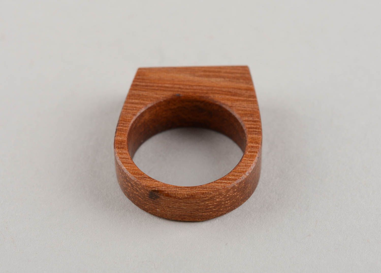 Handmade designer light brown female ring made of wood of unusual shape photo 2