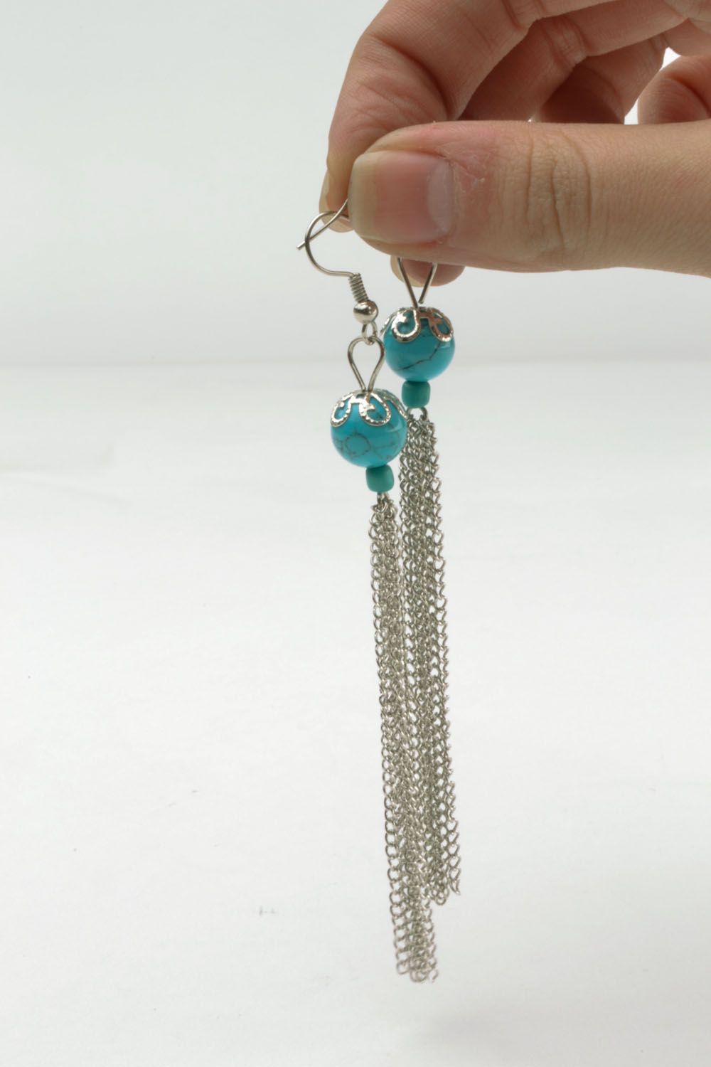 Long earrings with turquoise color beads photo 5