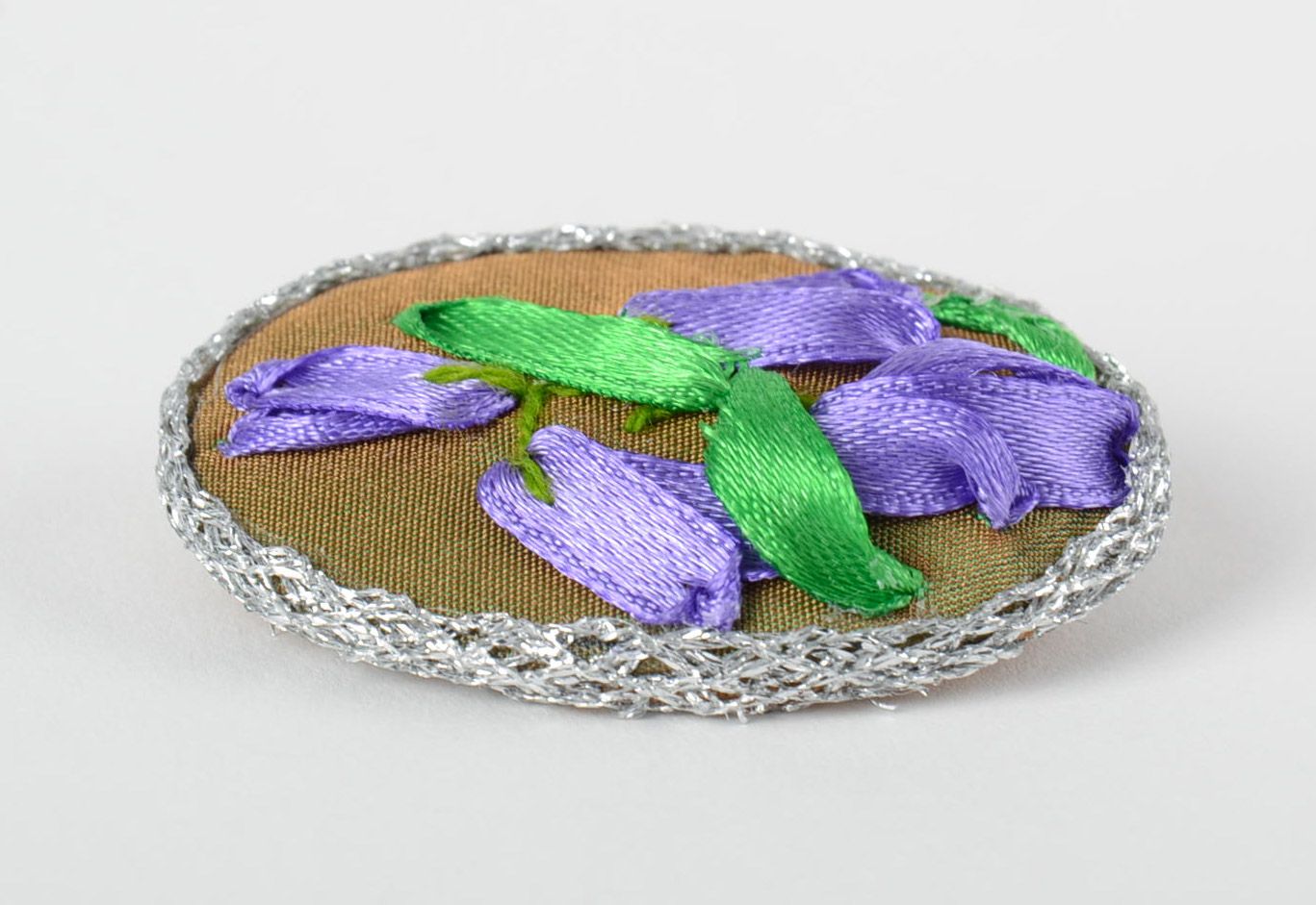 Handmade textile brooch with blue flowers embroidered using satin ribbons photo 3
