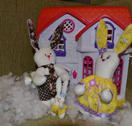 Homemade designer fabric soft toy hare with baby photo 1