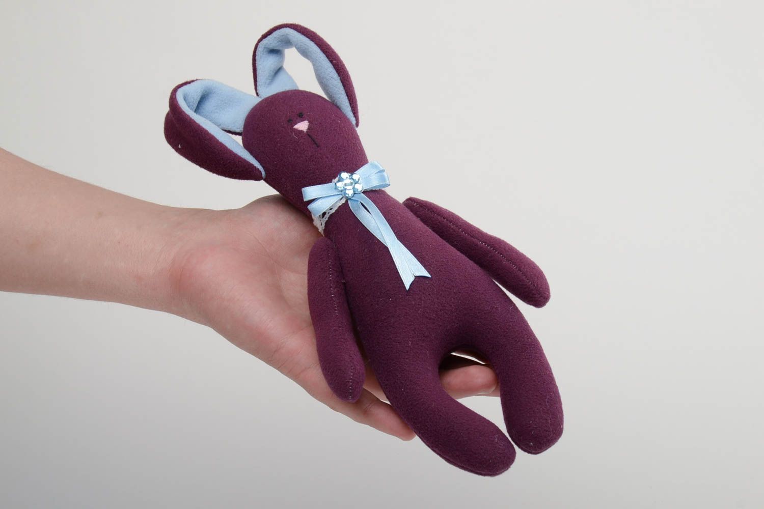 Handmade designer soft toy sewn of fleece violet rabbit with long ears photo 5