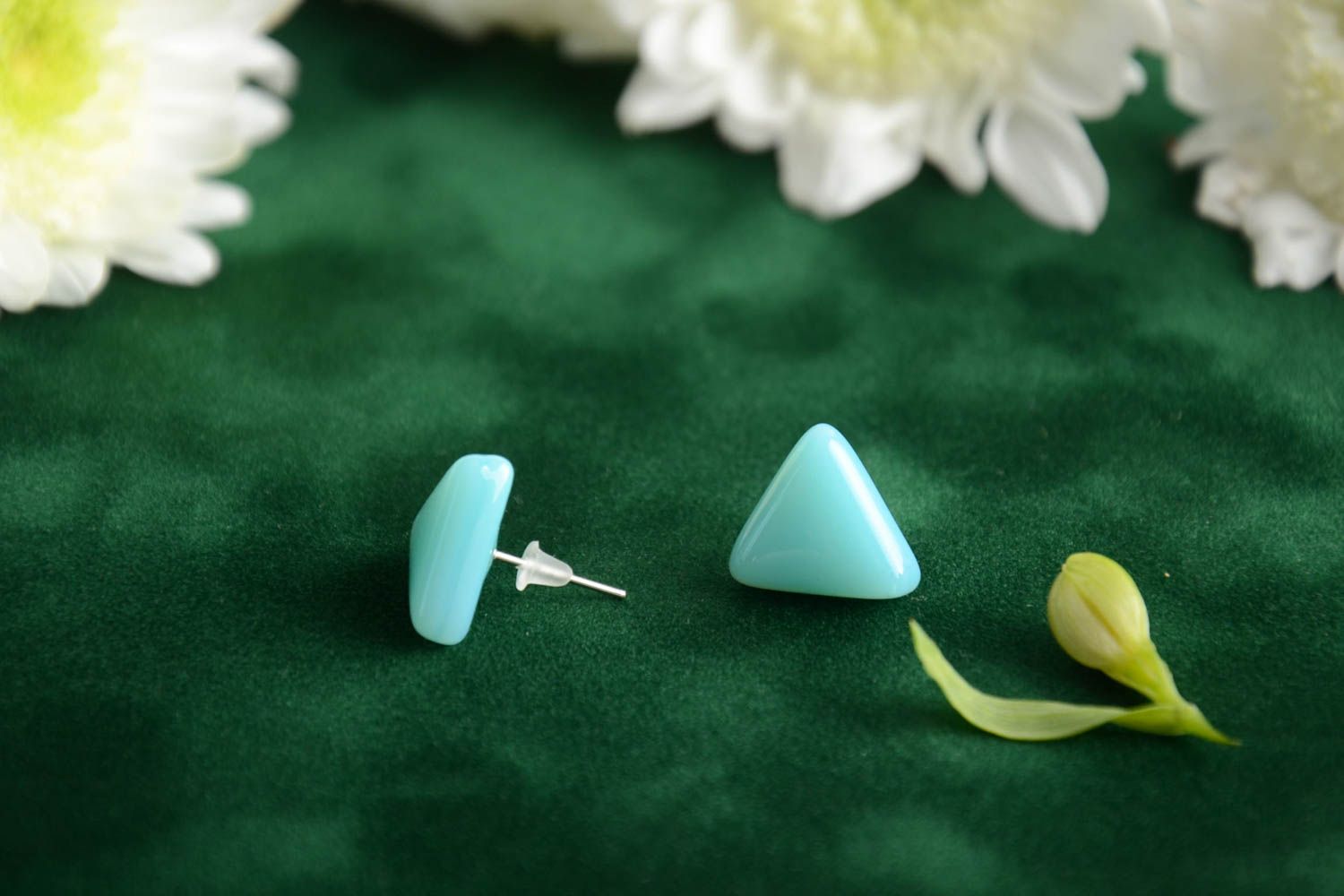 Turquoise color earrings small fusing glass triangular studs handmade accessory photo 1