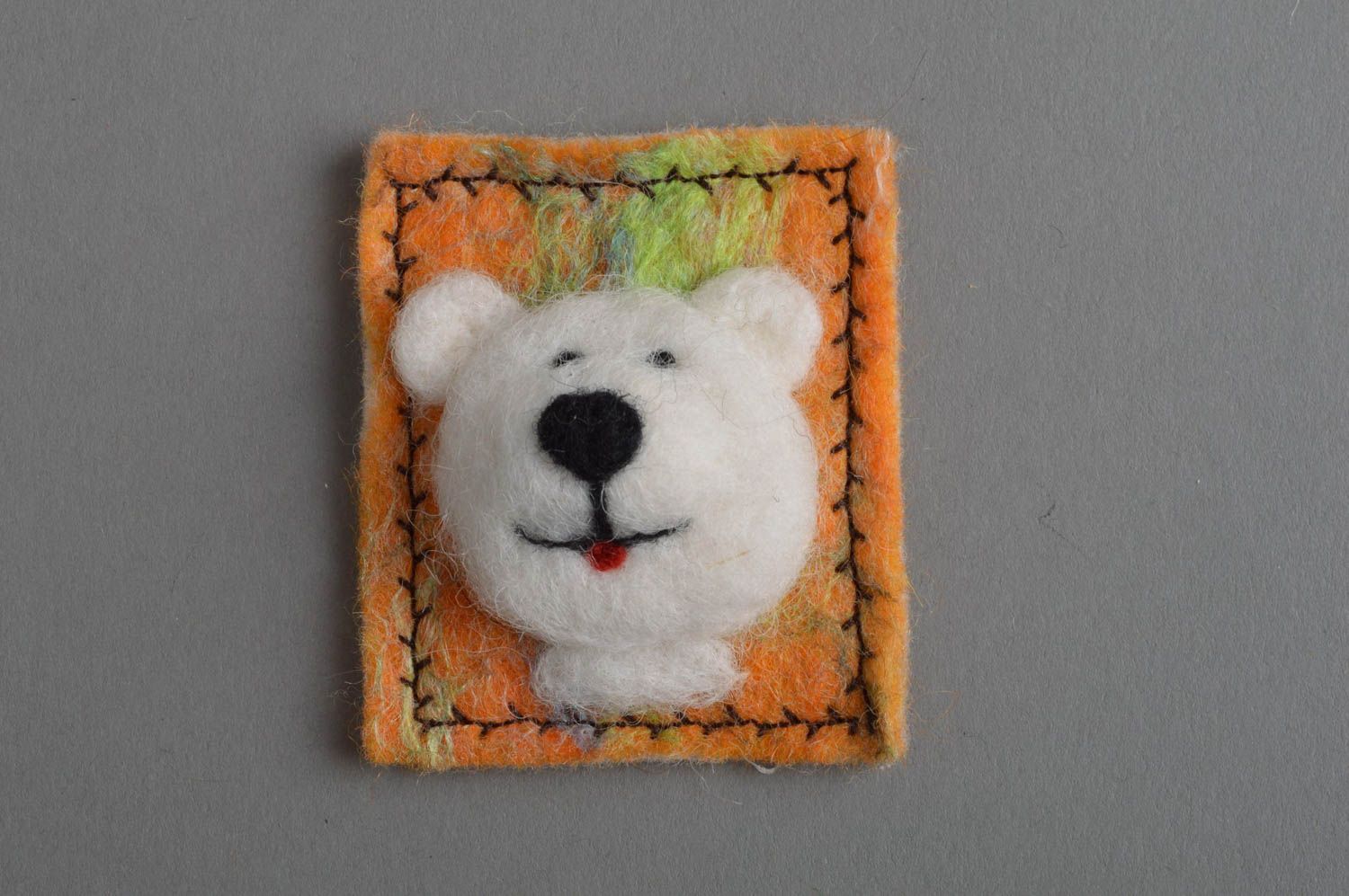 Textile beautiful cute small handmade fridge magnet in shape of white bear photo 3