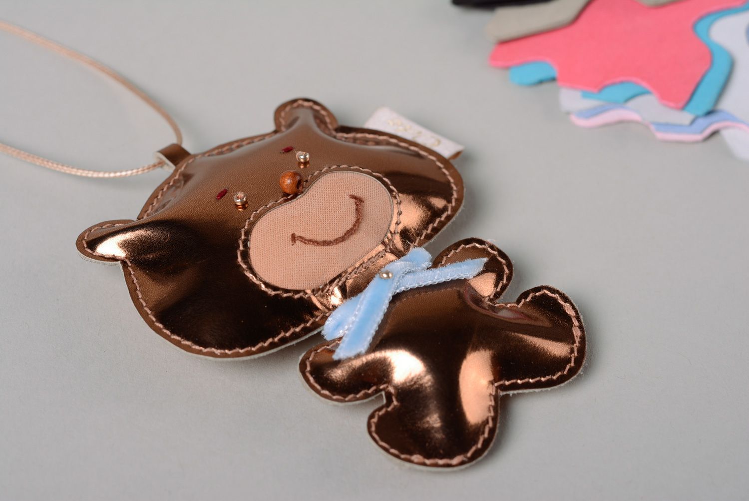 Homemade leather bag charm in the shape of bear photo 5