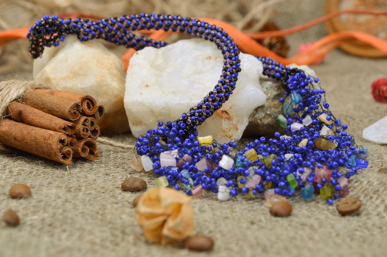 Beautiful festive airy handmade Czech bead necklace of blue color photo 3
