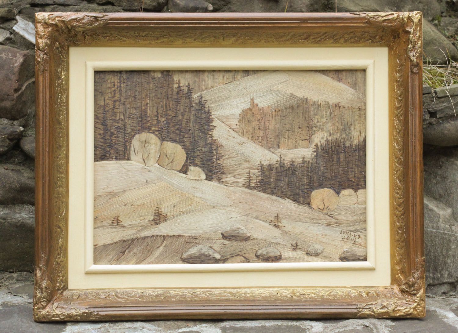 Gemälde mit Landschaft im Holzrahmen foto 1