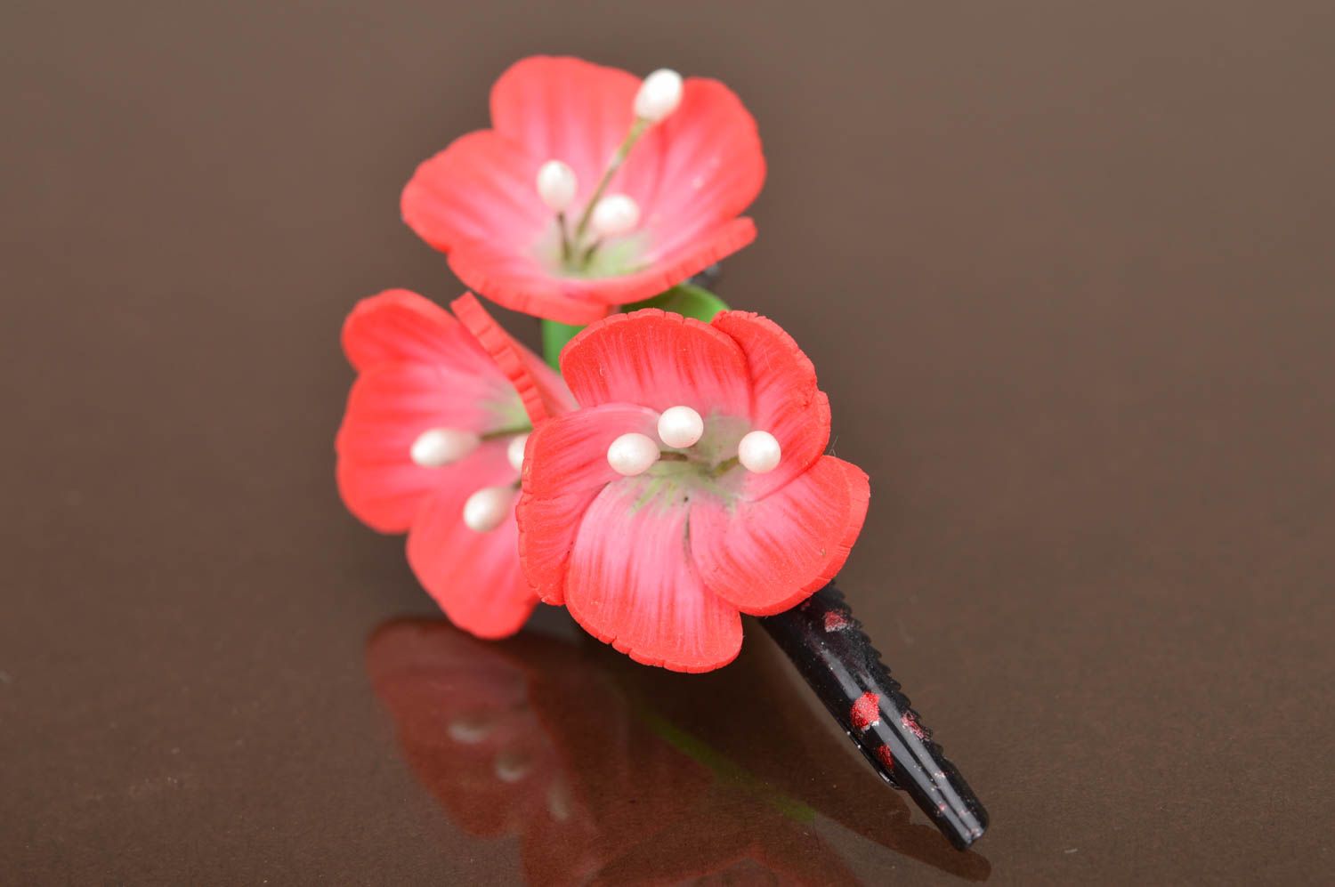 Unusual beautiful red handmade designer polymer clay flower barrette photo 2