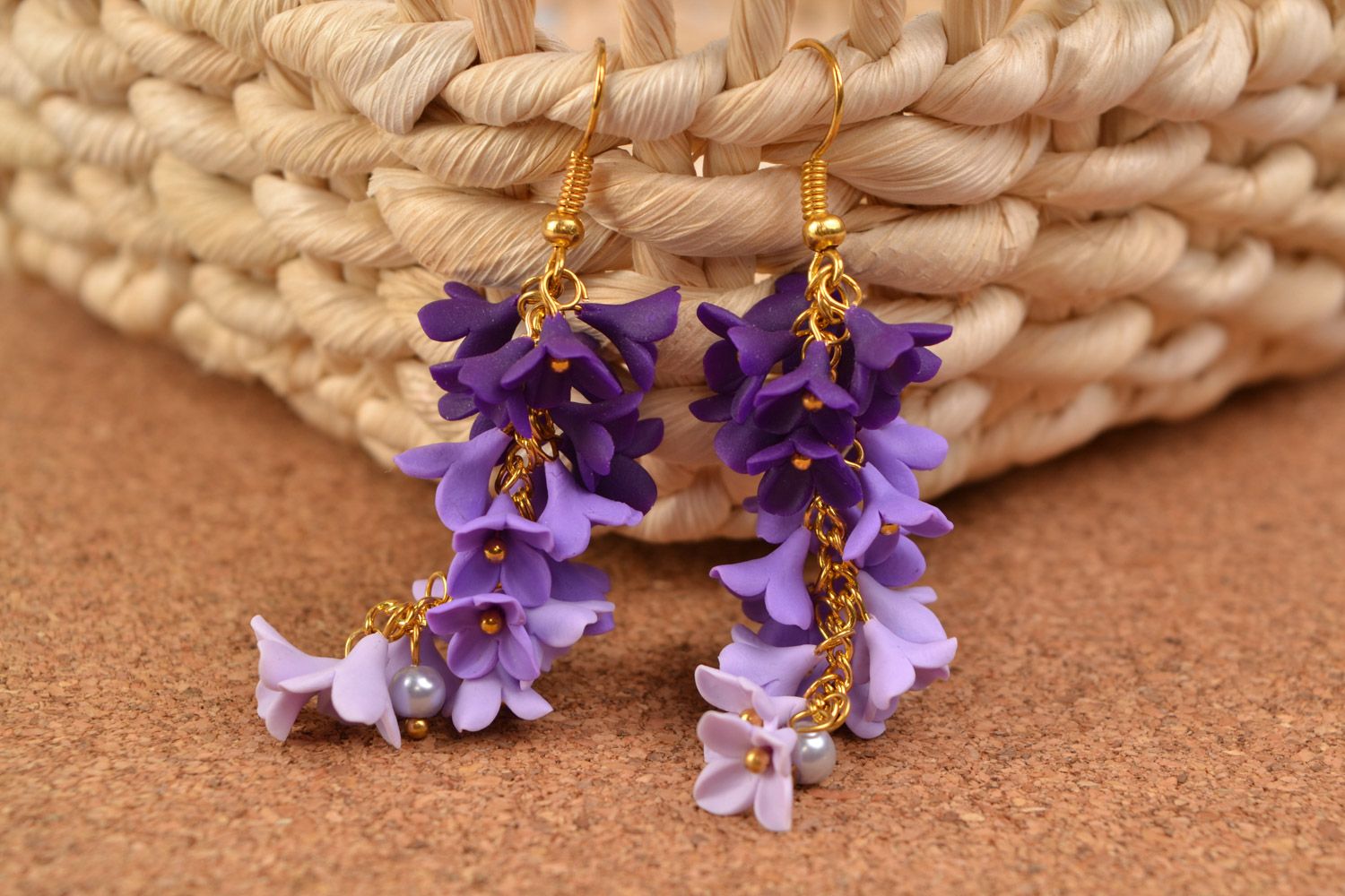 Homemade designer dangling earrings with polymer clay flowers in lilac shades photo 1