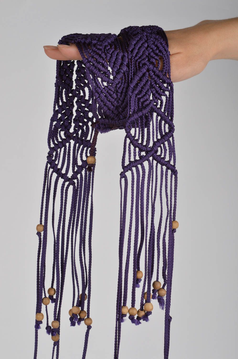 Cinturón trenzado de cordones artesanal femenino morado con borlas original foto 5