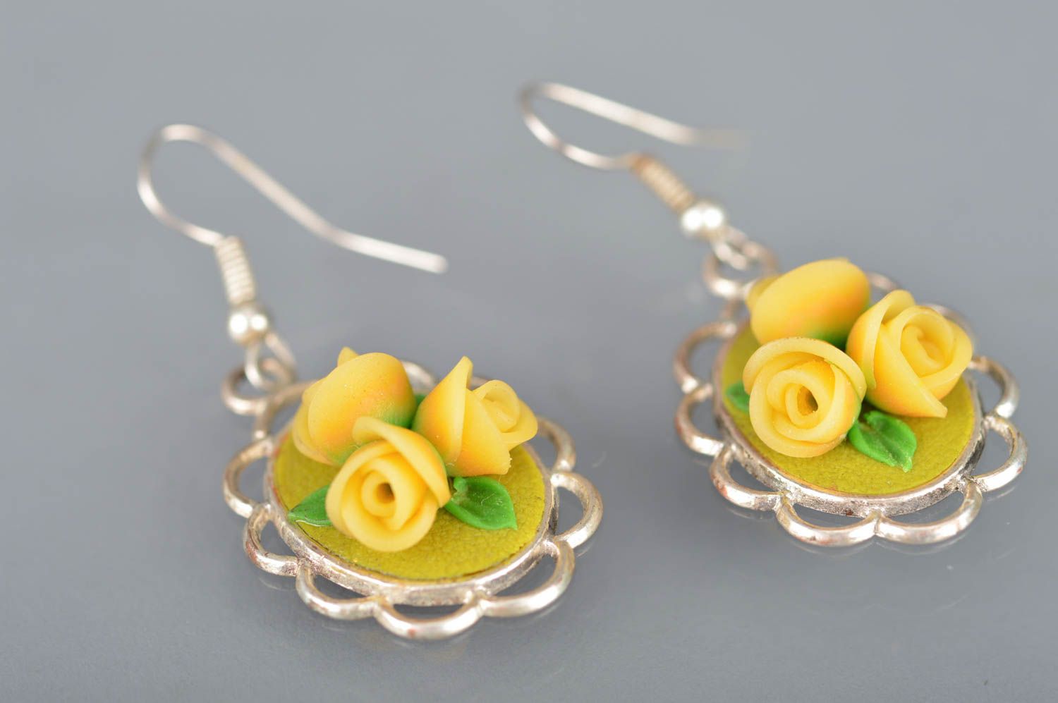 Polymer clay handmade designer yellow earrings with flowers summer accessory photo 1