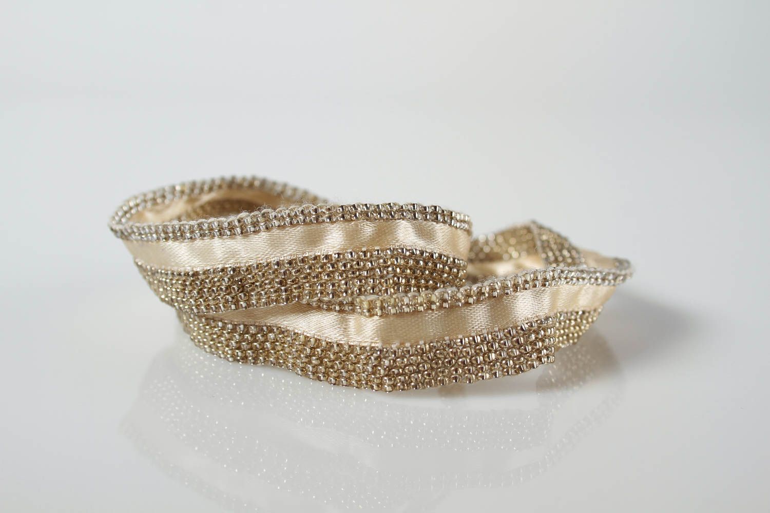 Textile three layers ribbon beige bracelet for women photo 4
