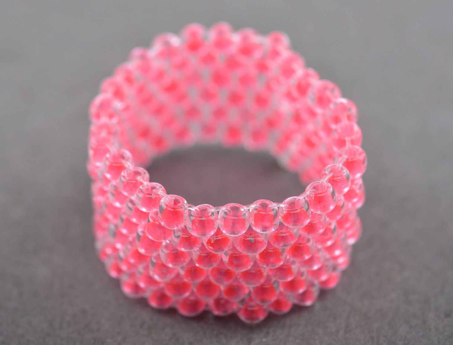 Handmade simple ring woven of beads of pink color and fishing line for girls photo 5