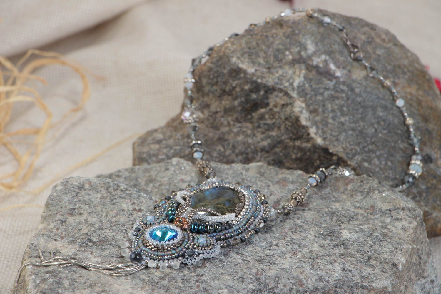 Beautiful beaded pendant with labradorite and crystal evening stylish accessory photo 1