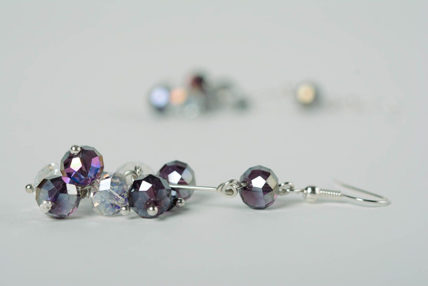Handmade long festive sparkling earrings with crystal glass beads for ladies photo 5