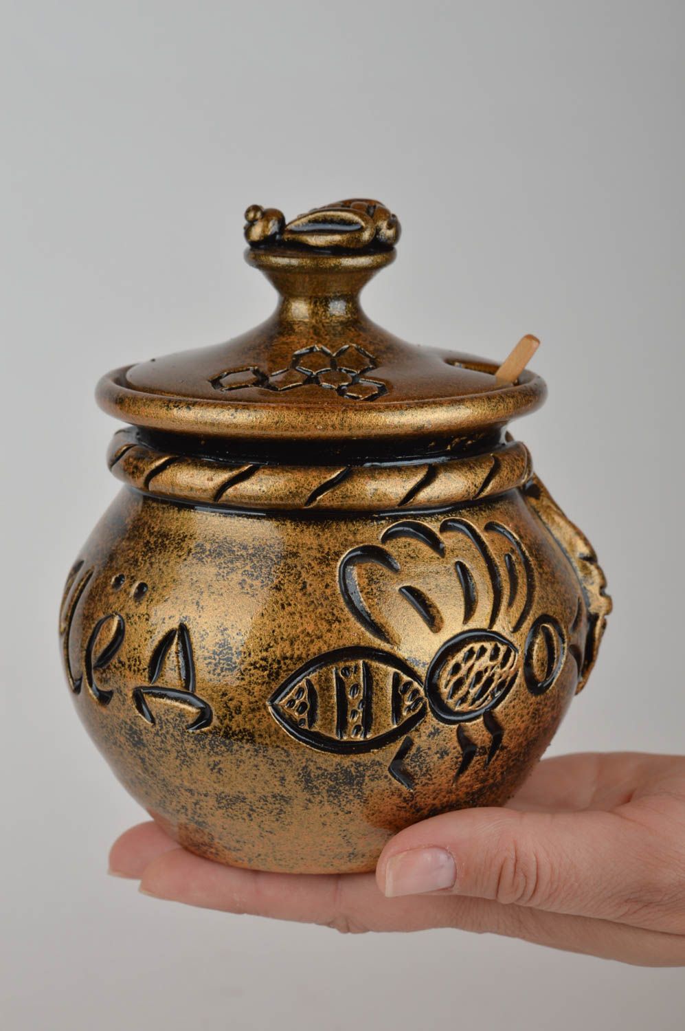 Petit pot à miel en céramique avec couvercle et cuillère en bois fait main 20 cl photo 3