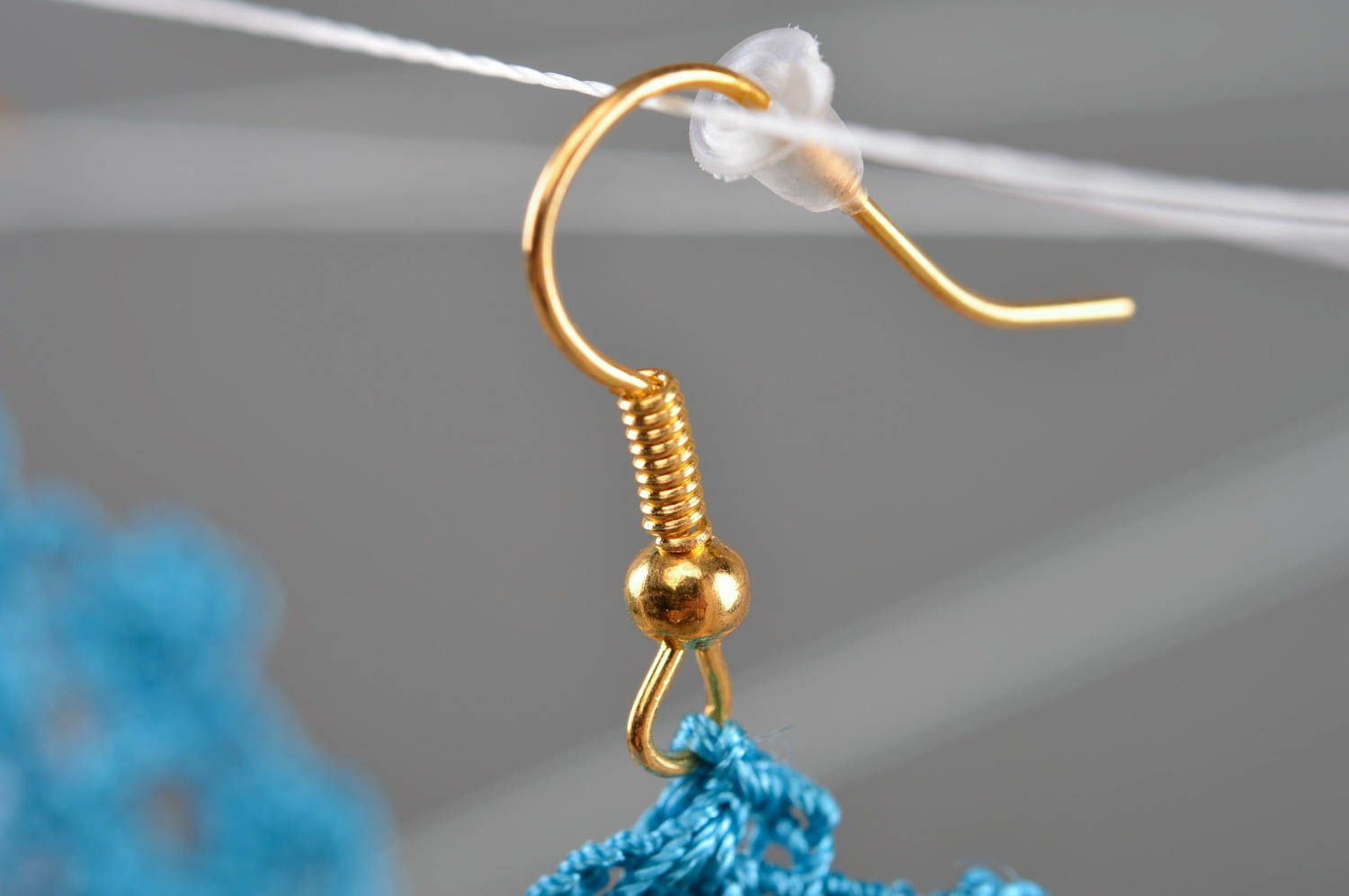 Handmade textile earrings made of cotton and synthetics with blue beads photo 3