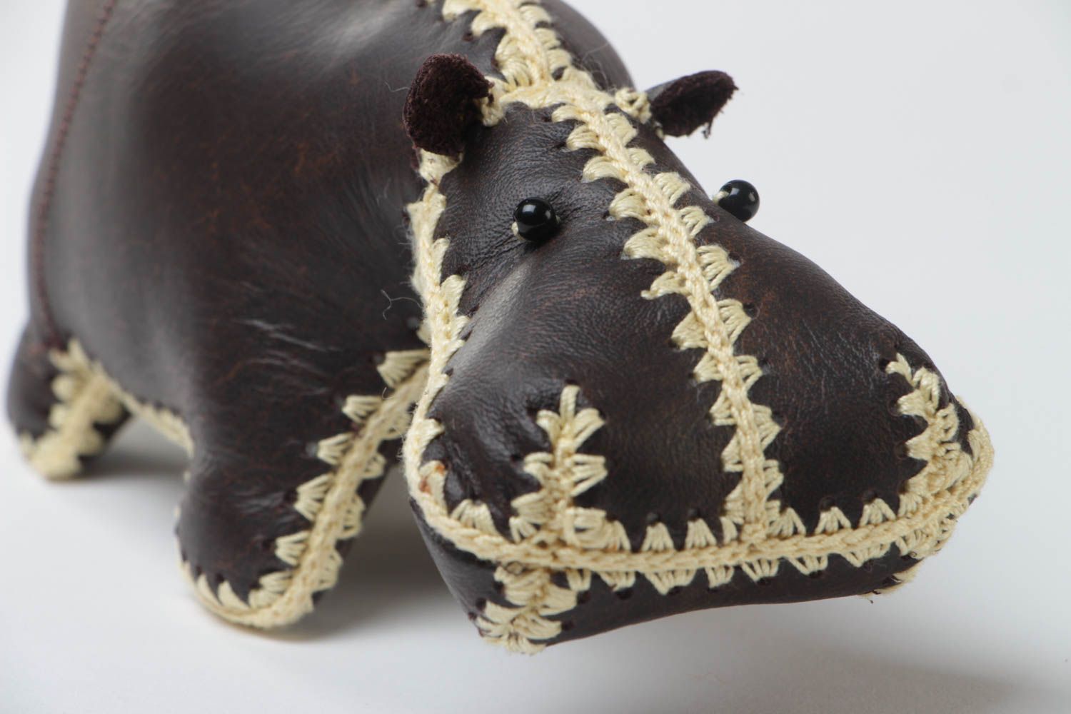 Handmade large designer soft toy sewn of dark leather with light threads Hippo photo 3