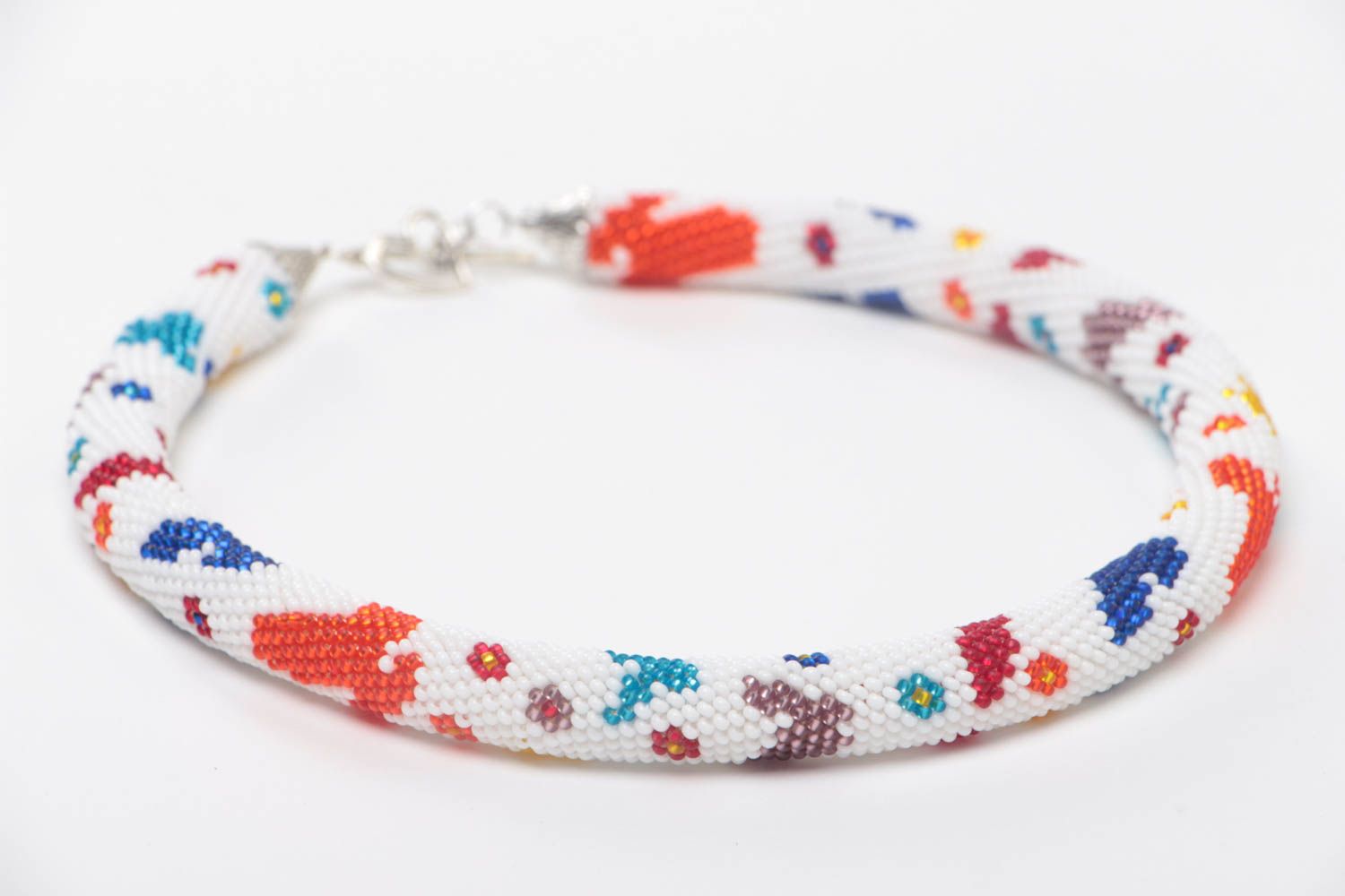 Handmade designer white beaded cord necklace with colorful floral pattern photo 3