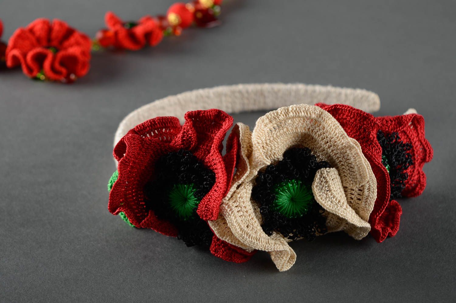 Beautiful unusual headband with crochet flowers photo 5