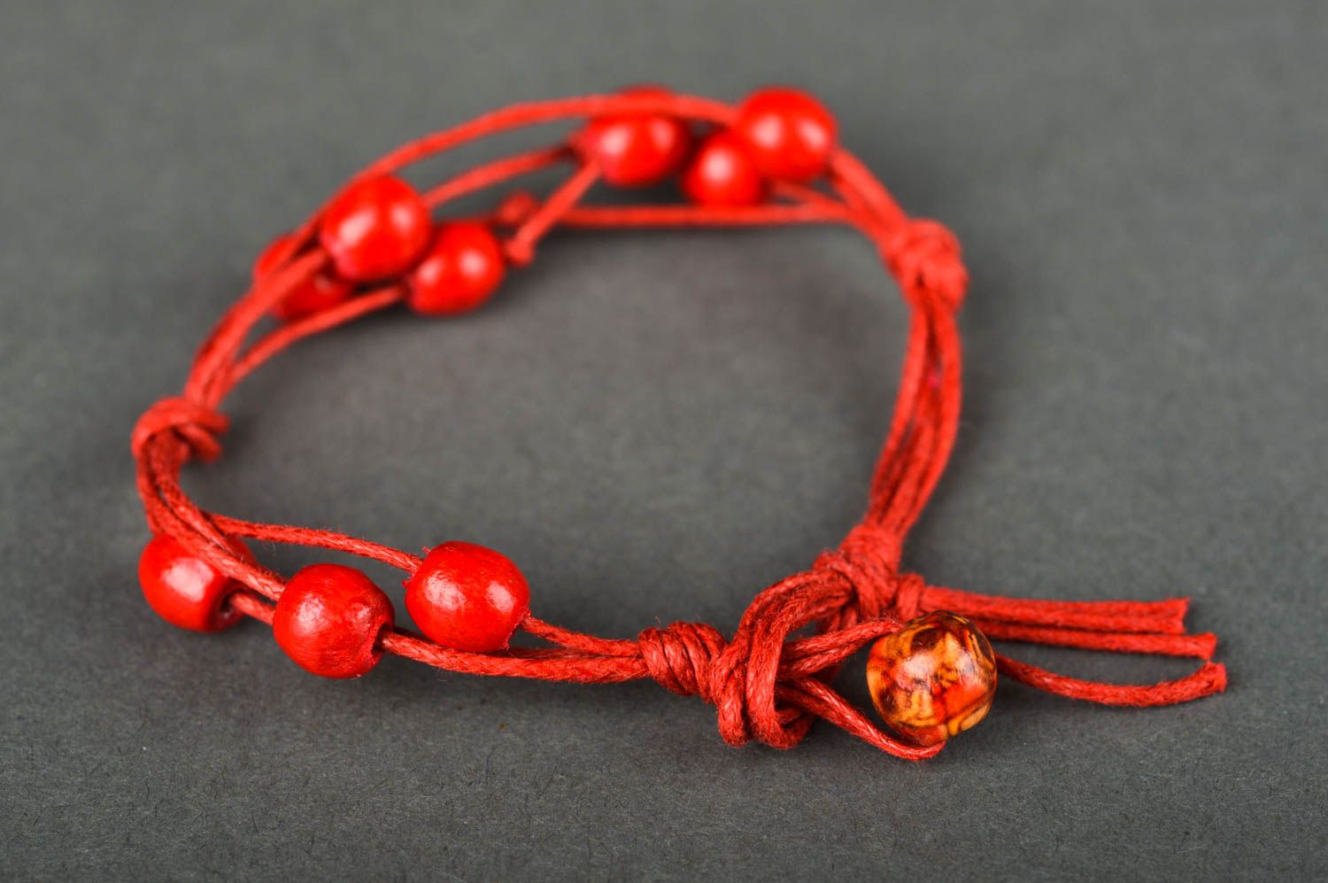 Strand red hot four cord unisex bracelet with red beads  photo 5