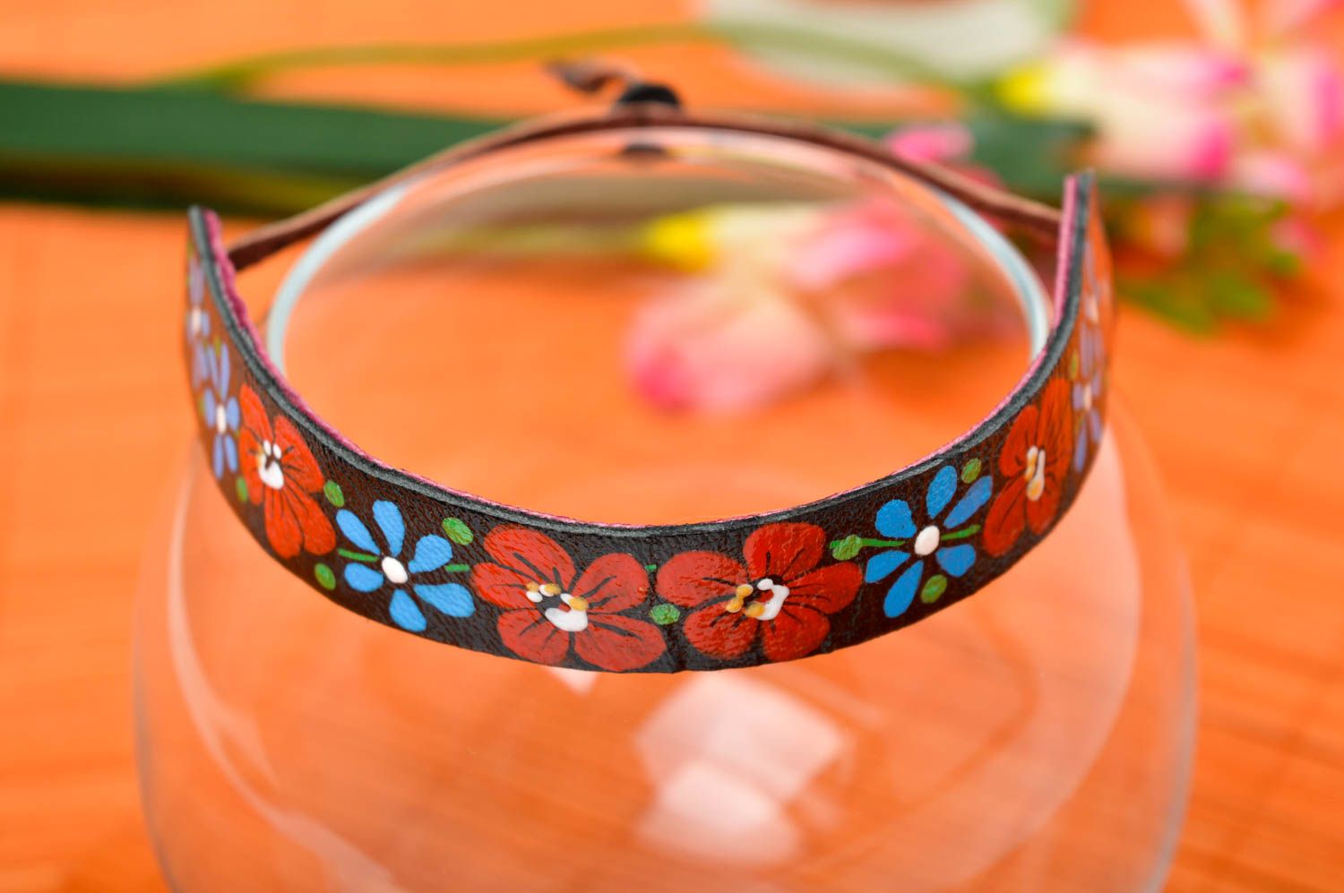 Pulsera artesanal de piel con flores accesorio para mujer regalo original foto 1