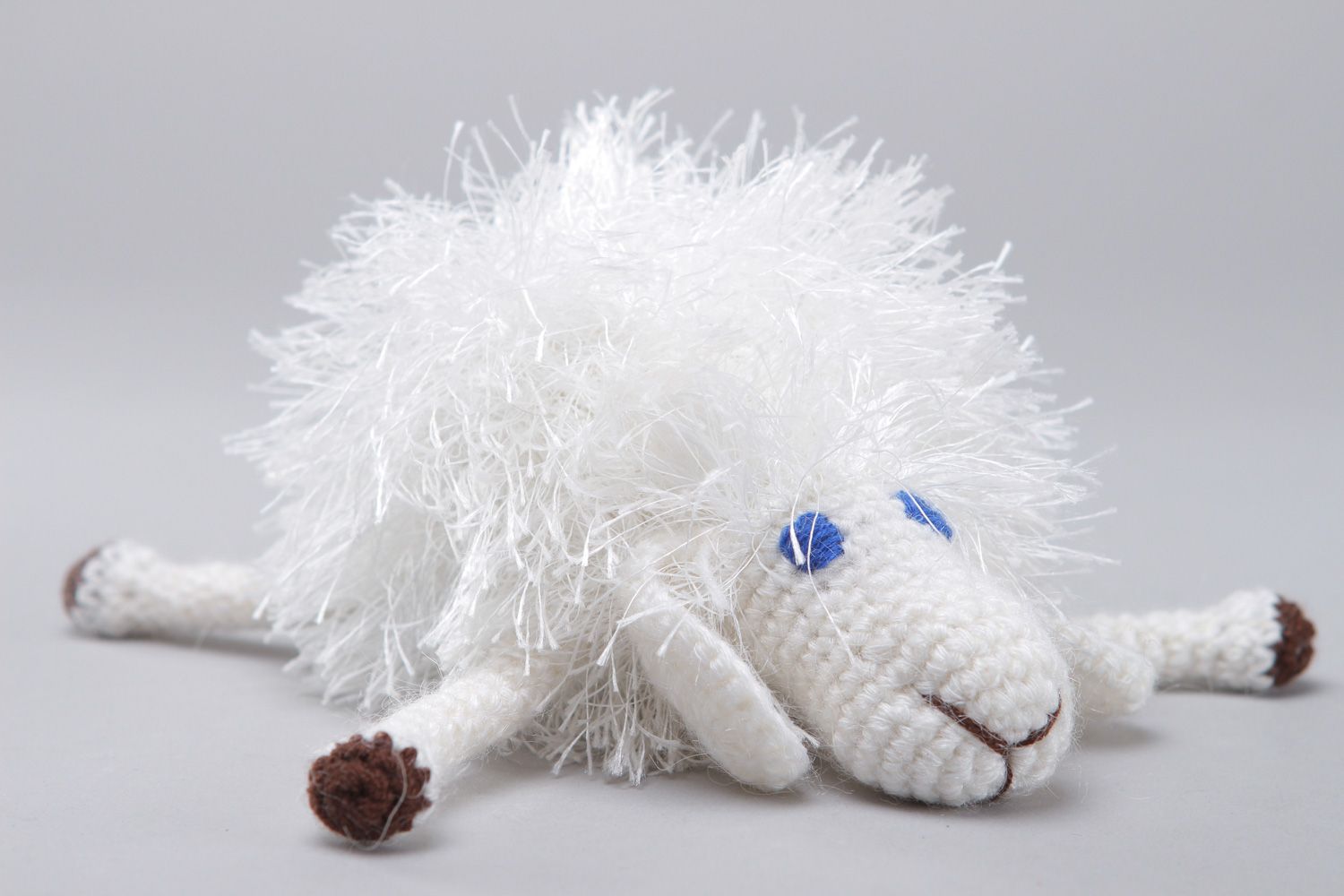 Handmade fluffy soft toy crocheted of woolen yarns white lamb for children photo 2