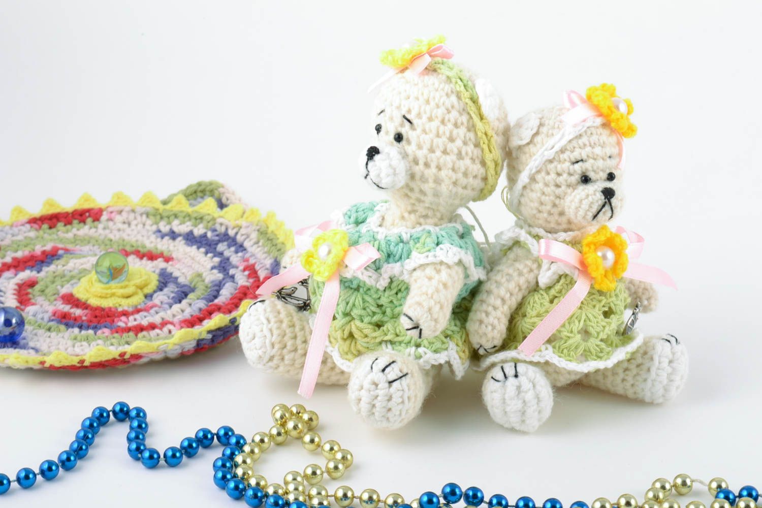 Set of handmade crocheted beautiful toys Bears 2 pieces present for children photo 1