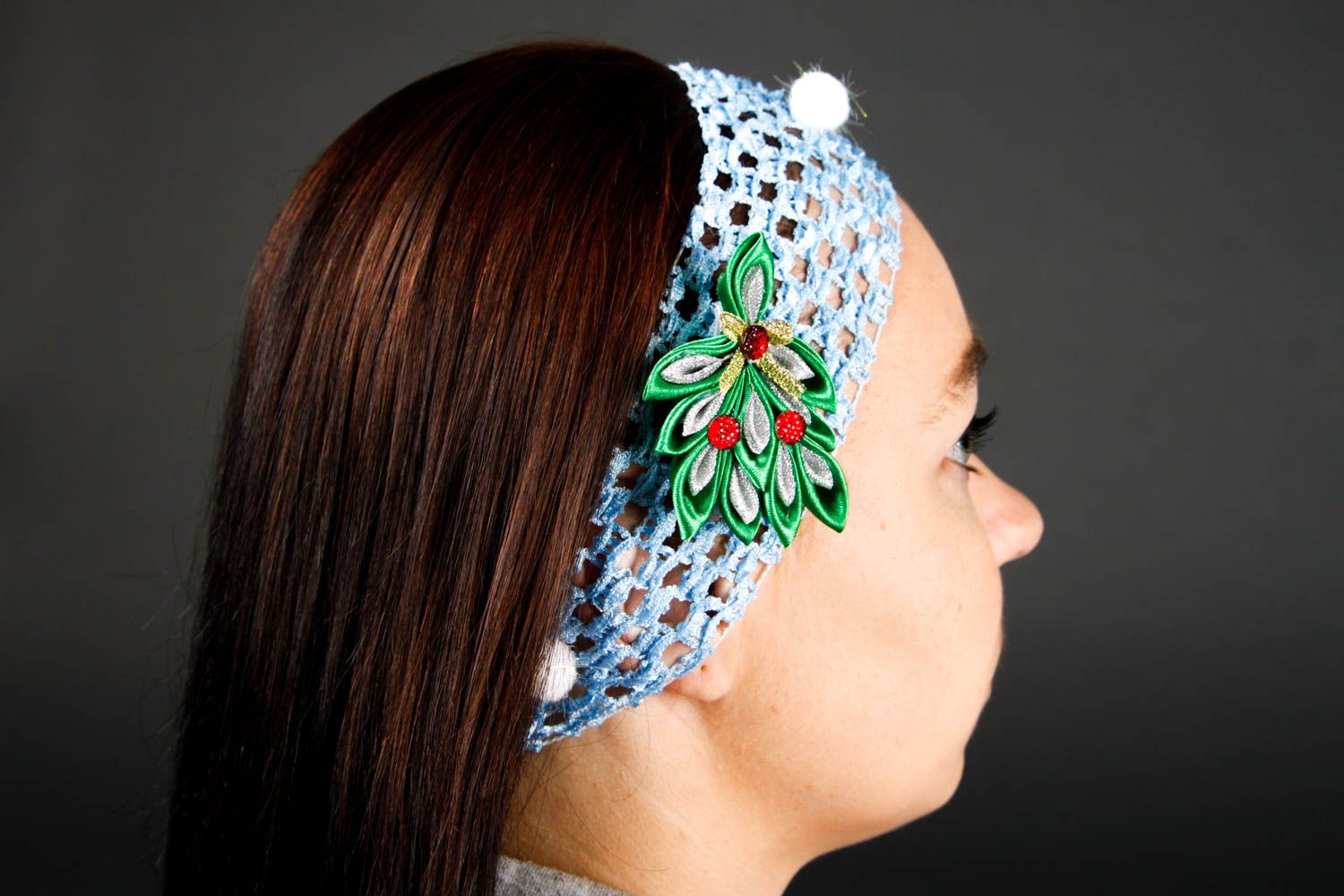 Bandeau cheveux femme fait main bleu avec élément en kanzashi Cadeau original photo 2