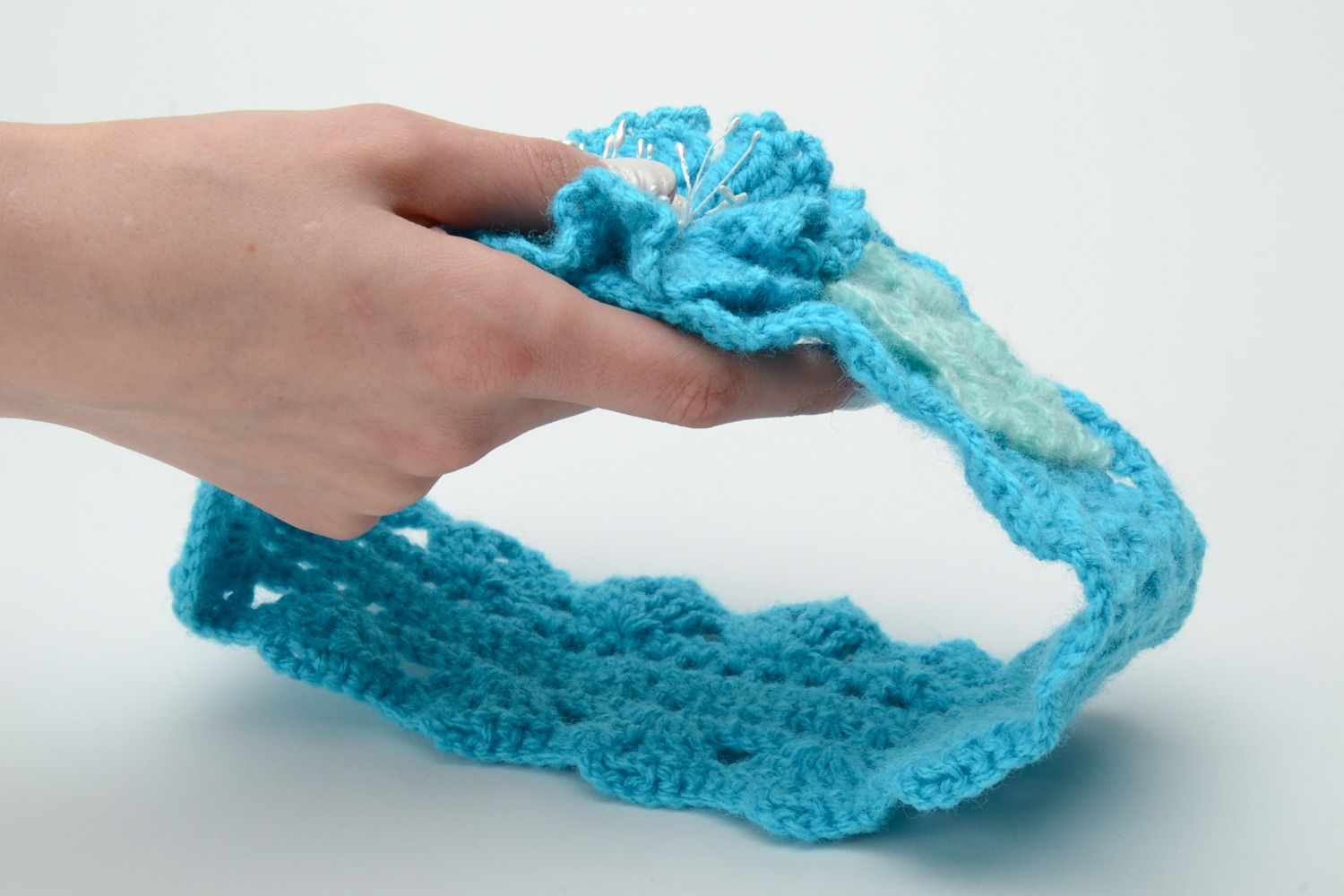 Bandeau pour cheveux bébé tricoté au crochet coton et acrylique fait main bleu  photo 5