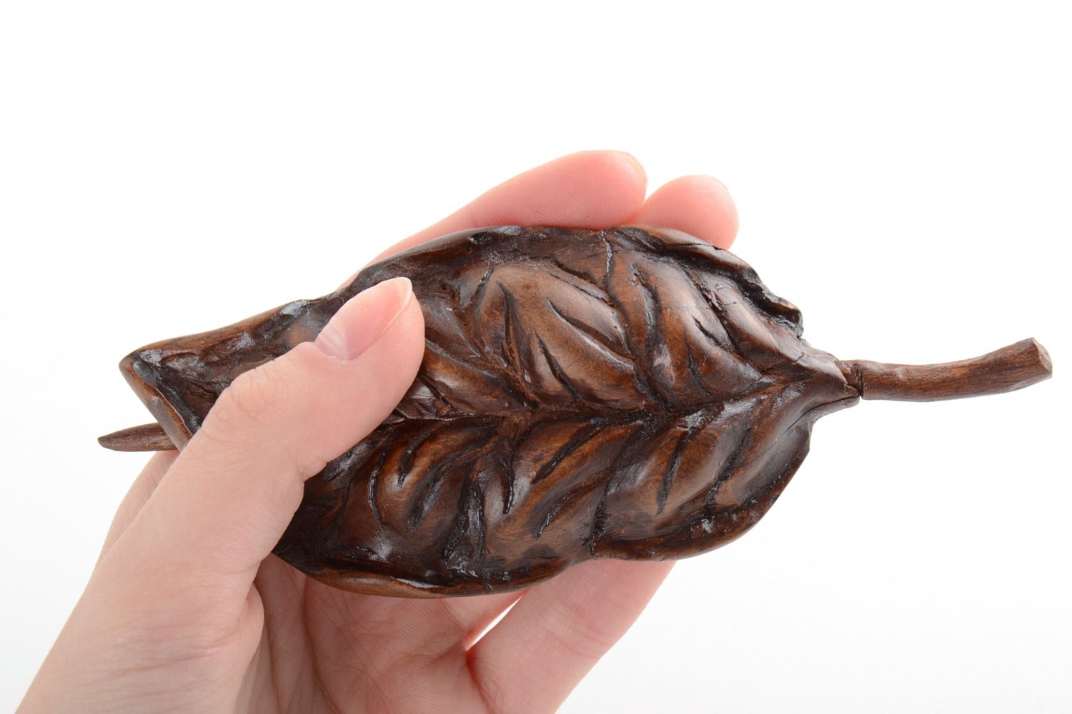 Hair jewelry Beautiful dark tinted wooden hair clip in the shape of leaf with stick handmade photo 6