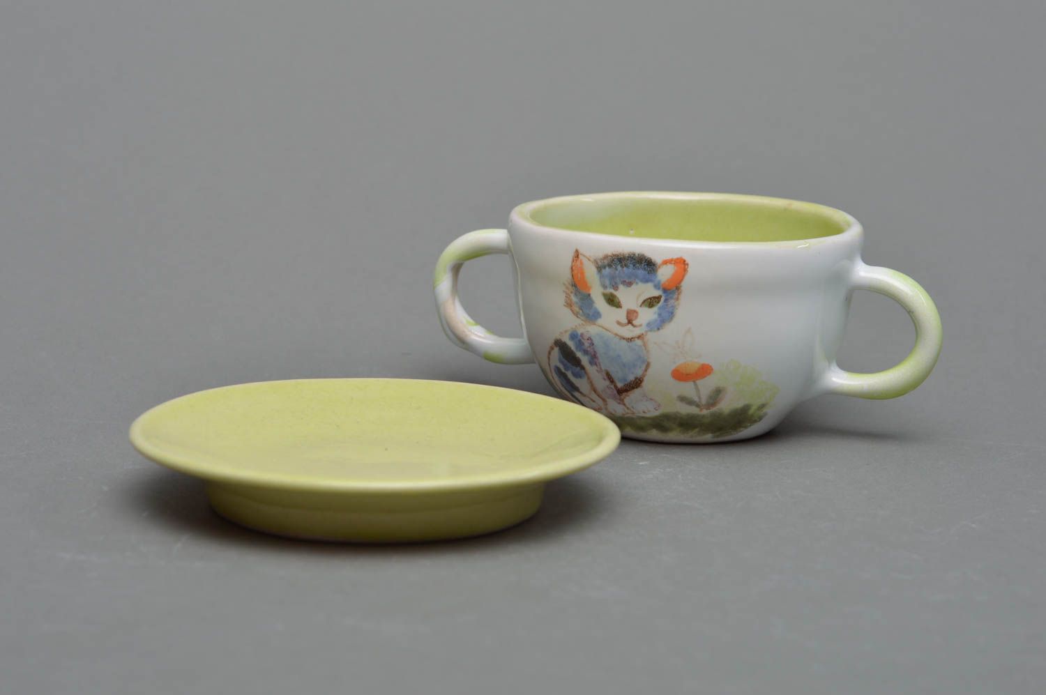 Porcelain drinking 5 oz cup with two handles and a saucer with hand-painted kitty pattern photo 3