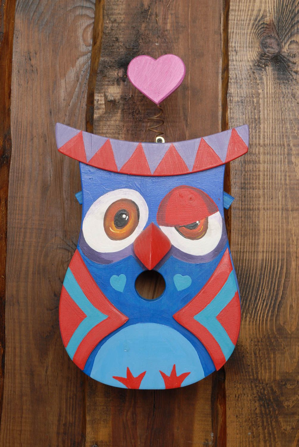 Painted wooden birdhouse in the shape of owl photo 3